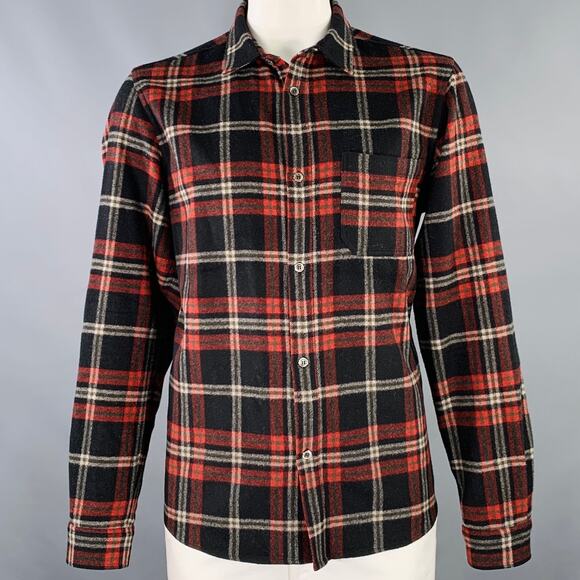 A.P.C. Size XXL Black Red Plaid Wool Blend One Pocket Long Sleeve Shirt - Picture 1 of 6